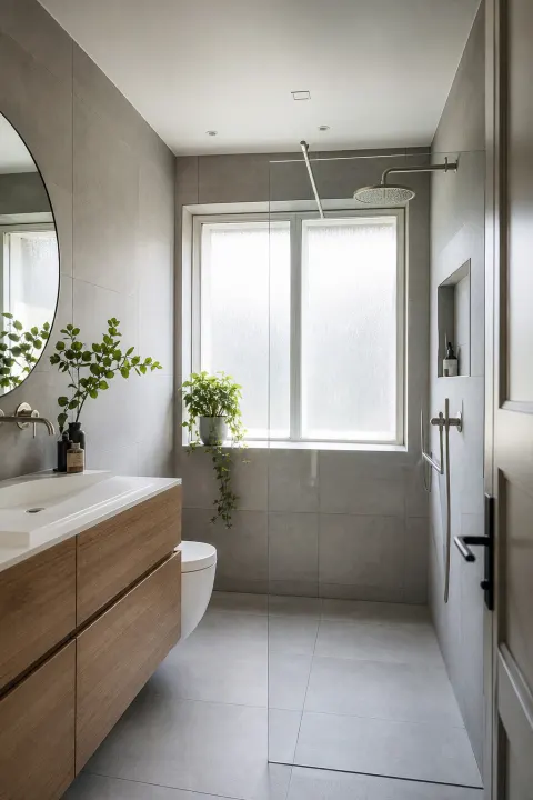 Nieuwe badkamer met inloopdouche en houten meubel
