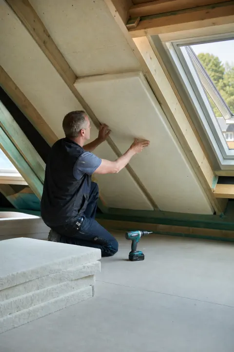 Vakman plaatst isolatiepanelen tussen de dakbalken