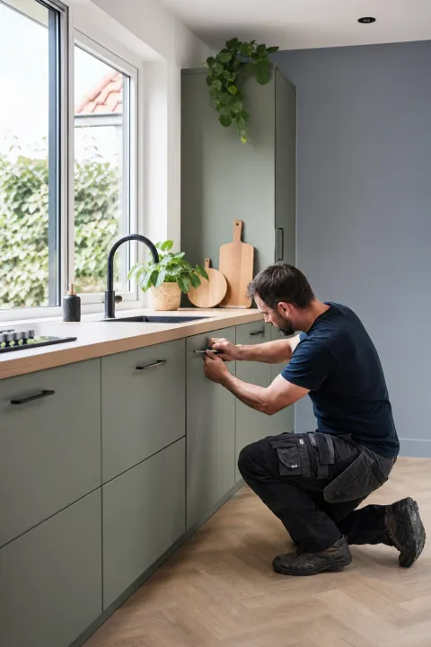 Monteur legt de laatste hand aan een nieuwe keuken